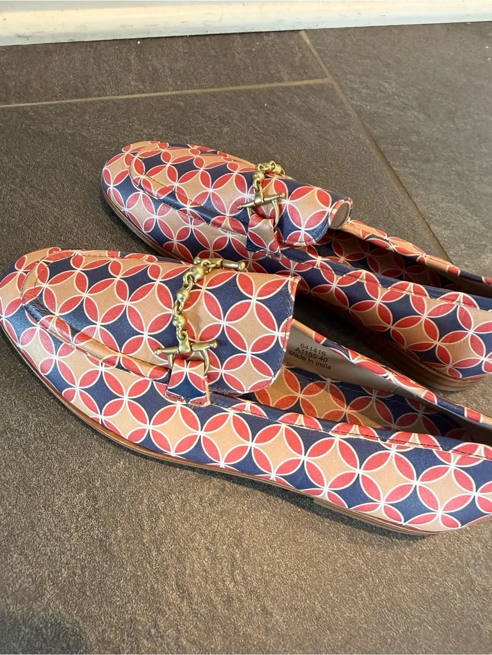 Boden Coral, Navy & Tan Geometric Bit Loafers